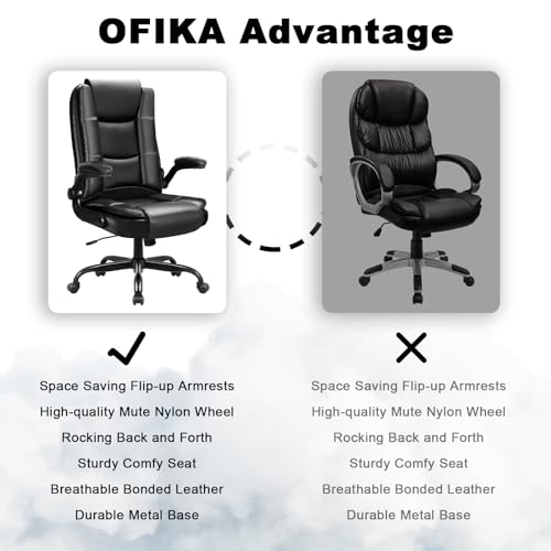 OFIKA Big and Tall Office Chair Computer Desk Chair - Ergonomic High Back Lumbar Support Home Office Chair with Padded Flip-up Arms, Adjustable Height Leather Office Executive Chair (Black)