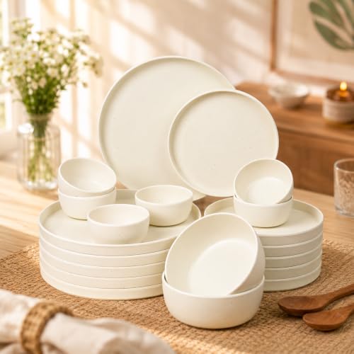 Image of MARKET 99 Heavy-Duty Matte Minto Cream Sparkle Melamine Dinner Set - 20 Pcs | Full Plates, Side Plates, Soup Bowls & Serving Bowls | Durable Everyday Tableware for Kitchen, Dining & Home Use