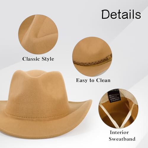 Image of 2 Pack Western Cowboy Hats for Women Men 4 Different hat Bands | Classic Felt Wide Brim Costume Cow Boy Hat Curved Brim Cowgirl Hat