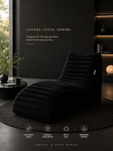 Image of Mollismoons Faux Fur Bean Bag Chair Cover for Adults & Kids | Luxury Lounger & Round Floor Sofa Seating | Modern Cozy Feel | No Beans Included (Black, Lounger)