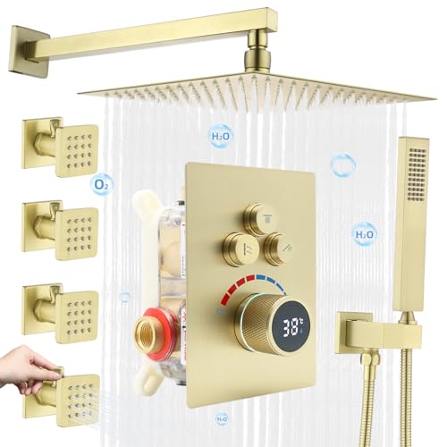 Delnet Shower System with Body Jets, 12 Inch Wall Mounted Rain Shower Set, Concealed 3 Way Outlet Digital Display Diverter Valve, Can Use All Options at A Time, Brushed Gold