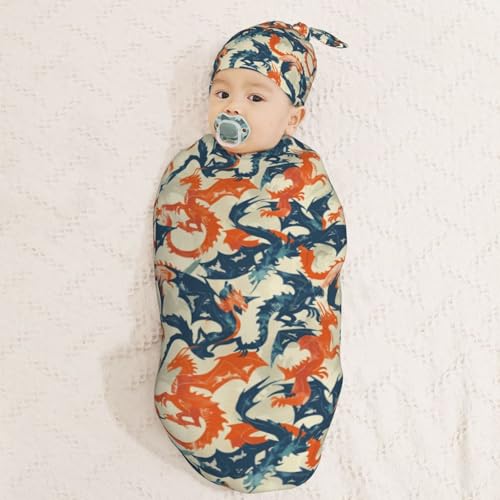 Image of Western Dragons Newborn Swaddle Blankets Hat Sets Soft Baby Receiving Blanket Swaddle Sack for Baby Shower Infant Boy Girl Gift