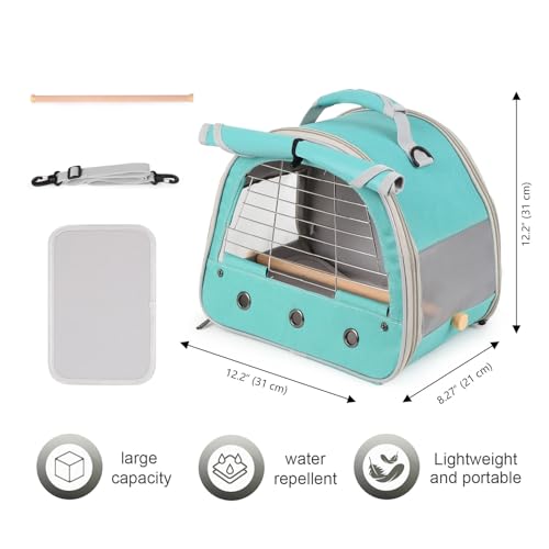 Image of Bird Travel Carrier Cage, with Stainless Steel Metal Window and Wood Perch, Portable Bag for Cockatiel Parakeet Conure Green Cheek Budgie (Green, Steel Window)