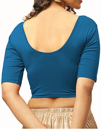 Image of THE BLAZZE 1303 Women's Cotton Scoop Neck Backless Elbow Sleeve Crop Top Readymade Saree Blouse for Women