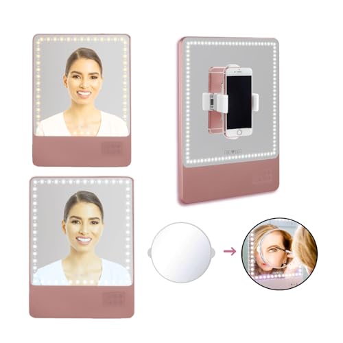 Riki Skinny Duo LED Vanity Mirror with Lights & Bluetooth - Portable Lighted Makeup Mirror with Magnification Adjustable Stand & Phone Clip | 5 Dimming Stages & Color Temperature Adjustable