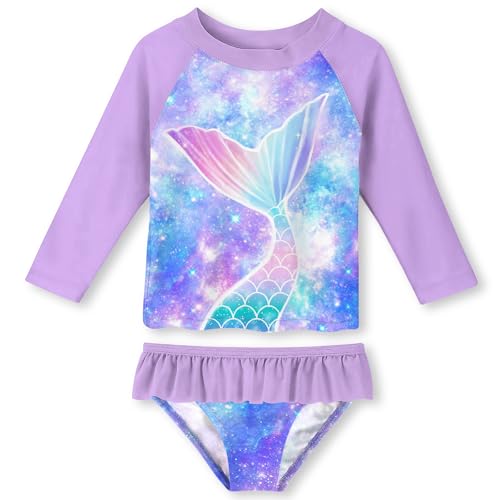 Image of Funnycokid Girls Swimsuit Toddler Bathing Suit Long Sleeve 2 Piece Rash Guard Set for Kids 2-10 Years