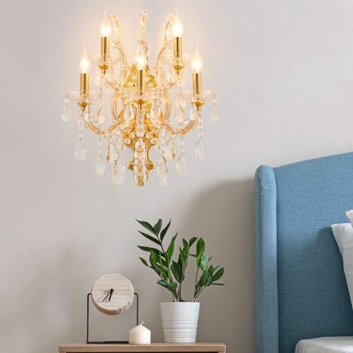 Image of YLONG-ZS Large Modern Crystal Wall Lights - 5 Lights Wall Lamp Chandelier Light Fixtures, Gold Wall Mounted Sconce for Hotel, Living Room, Hall, Lobby
