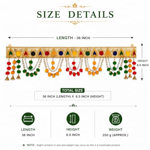 Image of ONESTA Handcrafted Mirror Work Door Toran Bandhanwar with Pearl Chains Pom Pom Tassels & Golden Bells | Traditional Main Door Hanging for Diwali Pooja Temple Home Entrance & Festive Decoration 3Feet (Size 36 Inch Pack 01)