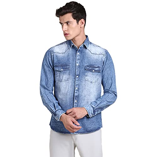 Image of Dennis Lingo Men's Solid Denim Cotton Slim Fit Full Sleeve Casual Shirt with Flap Pockets and Snap Buttons