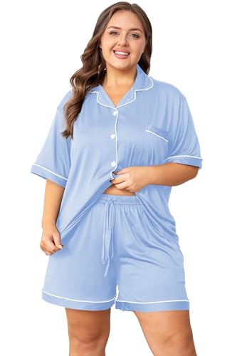 Image of Vozanet Women's Plus Size Button Down Pajamas Soft Lounge Sets Shorts with Pockets Bride Nighty Solid Soft Pjs 1x to 5x