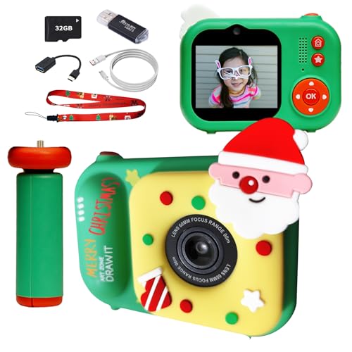 SMOOTHWIND Santa Kids Camera, HD Selfie Toddler Video Camera, Dual Lens Digital Camera for 3 4 5 6 7 8 Boys and Girls, Christmas Birthday Gift, Xmas Toy for Boys Girls Age 3-12(Green)
