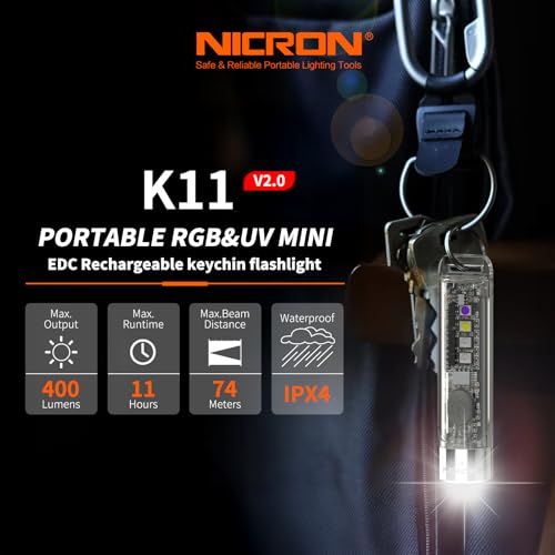 NICRON K11 Rechargeable Keychain Flashlight Lightweight,400 Hight Lumen with Extra 4 Sidelight, IPX4 EDC Mini Flashlight Be Used for Camping Outdoors Emergency Daiy Use