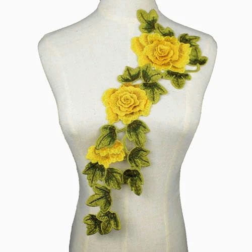 Tissu brodé 3D en dentelle rose jaune pour couture robe et col DIY NL142