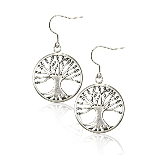 Tree Of Life Titanium Dangle Drop Earring Charms, Round Vintage Stainless Steel Dropping Earrings Anniversary Birthday Jewelry Gifts, Pure Titanium Hook Hypoallergenic For Women Girls Sensitive Ear #TOP26