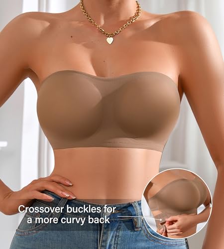 Image of DEANGELMON Strapless Bra for Women Crossover Side Closure Non-Slip Silicone Padded Bandeau Bras Wireless Tube Top Bra