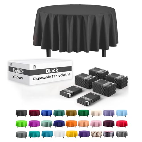 Image of Party Solids Black Round Plastic Tablecloth - 84 Inch, Pack of 24