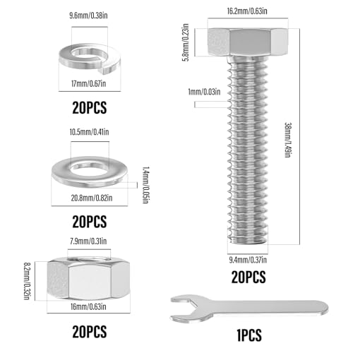 Image of 20PCS 3 /8-16 x 1-1 /2 inch 304 Stainless Steel Fully Threaded Bolt with Nut Flat & Lock Washers and Spanner