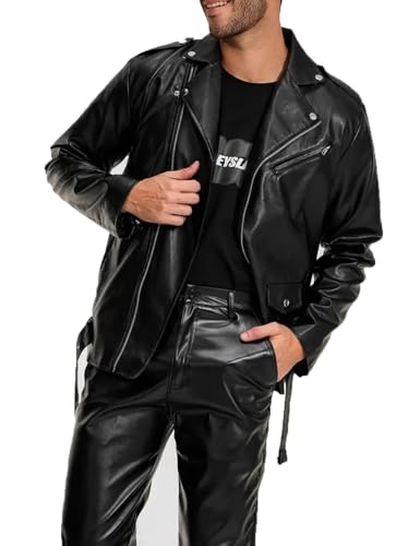 Men’s Pu Leather Jacket Lapel Collar Motorcycle Zip Up Long Sleeve Motor Biker Short Coat Jacket with Belt