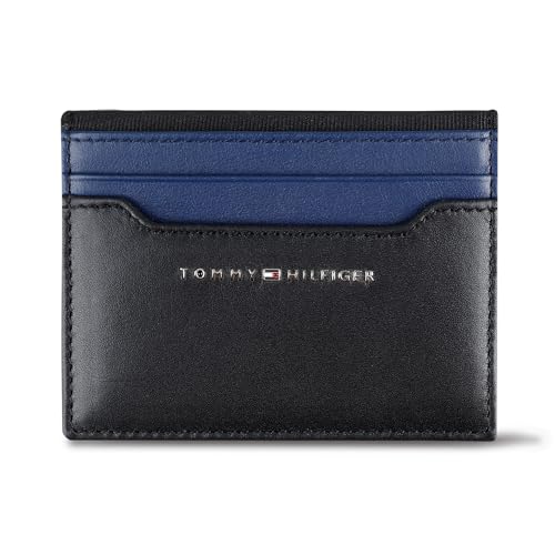 Tommy Hilfiger Carteira masculina fina com bolso frontal com janela para identidade, Azul/preto reversível, One Size, Carteira de couro fina com bolso frontal
