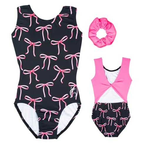 Soft and Comfortable Gymnastics Leotards for Girls, Open Back with Bow Print and Matching Scrunchie, Ballet Leotards for Girls, Tumbling, Dance, Acro (Bow Print, Child Medium (CM - Size 6))