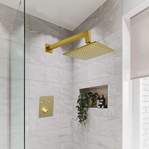 Aquaiaw Square Shower Arm And Anti-Scratch O-Ring Flange, 12 Inch, Solid Brass, Soldered 90 Degree, Both Soldered 1/2 Npt Tapered Threads, Brushed Gold, Wall Mount, Rainfall Shower Head Extension Arm #TOP1