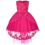 BUNNY LULU Robe pour Filles à épaule inclinée pour Demoiselle d'honneur, Princesse de Mariage, nœud d'anniversaire pour Enfants, soirée de Bal de fête de Boule (Rose Fonce 11 12 Ans)