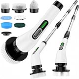 Highyes Electric Spin Scrubber with 7 Replaceable Brushes, Dual Adjustable Speeds Cordless Electric Cleaning Brush, Adjustable Handle, IPX7 Waterproof Power Scrubber for Bathroom Bathtub Tile Kitchen