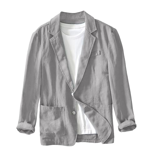 Herr bomull linne blazer dubbla fickor herr långärmad skjorta - män lös passform mode enfärgad kostym vår höst rock herr kavajer smart ledig bred passform herr casual jacka blazer smoking, Grå, 3XL