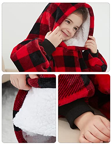Image of KFUBUO Wearable Blanket Hoodie for Kids Toddlers Sherpa Blanket Sweatshirt With Pocket Cute Hoodies 2-6 Year Old Girl Boy Red Plaid