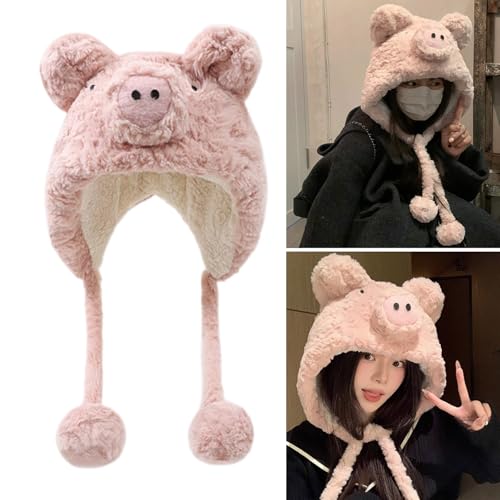 Plush Piggy Hat Soft Warm with Ear Flaps Fleece Lining Thermal Winter Hat for Adults and Teens2