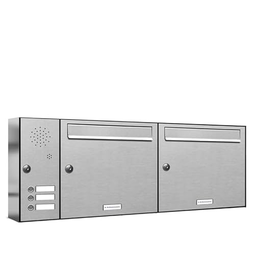 AL Briefkastensysteme 2er Briefkastenanlage mit Klingel, V2A Edelstahl, Premium Doppel-Briefkasten DIN A4, 2 Fach Postkasten modern Aufputz