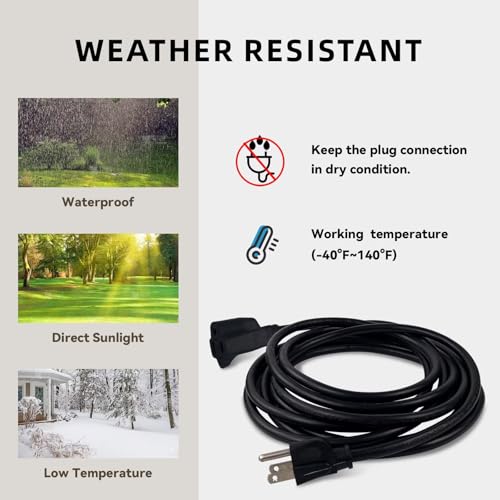 Image of 10ft Outdoor Extension Cord - 16 /3 Heavy Duty SJTW Waterproof Black Electrical Cable with 3 Prong Grounded Plug for Safety, Great for Lawn and Major Appliances