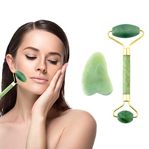 Jade Roller Gua Sha Scraping - 100% Real Natural Jade Facial Roller & Gua Sha Scraping Massage Tool Set for Anti Aging Double Neck Healing Slimming with Brochure