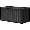 Warcat 100 gallon deck box outdoor resin waterproof storage box uv resistant lockable storage bench for patio furniture garden tools and pool supplies black  urban country home decor