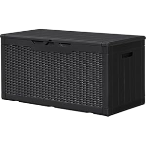 WARCAT 100 Gallon Deck Box Outdoor Resin Waterproof Storage Box UV Resistant Lockable Storage Bench for Patio Furniture, Garden Tools and Pool Supplies (Black) WARCAT 100 Gallon Deck Box Outdoor Resin Waterproof Storage Box UV Resistant Lockable Storage Bench for Patio Furniture Garden Tools and Pool Supplies Black