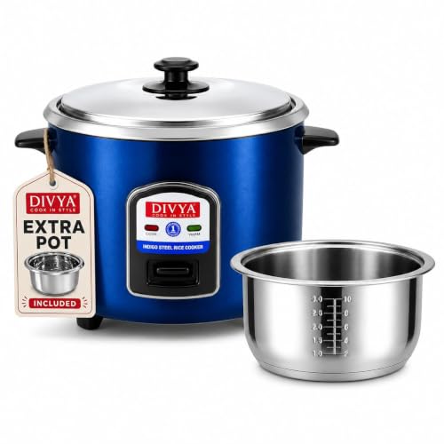 Image of Divya Stainless Steel 1.8L Electric Rice Cooker with Extra Pot | Indigo Steel Body Electric Rice Cooker with Steaming Feature (Double Steel Pot)