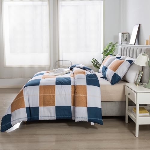 Image of Caressma Plaid Checkered Comforter Set Navy and Gray, Fluffy Geometric Grid Buffalo King Size 3 Pieces Comforter Set with Two Matching Pillow Shams