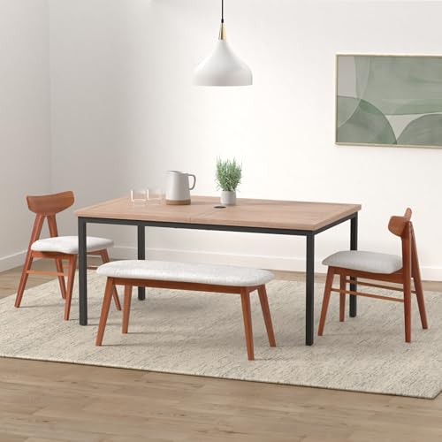 Sophia & William 6-person Metal Outdoor Patio Dining Table Rectangular, E-coating XLarge 63.8"L x 38.2"W Slat Tabletop, Adjustable Umbrella Hole 1.6"- 2", Patio Furniture for Porch Backyard Deck, Teak