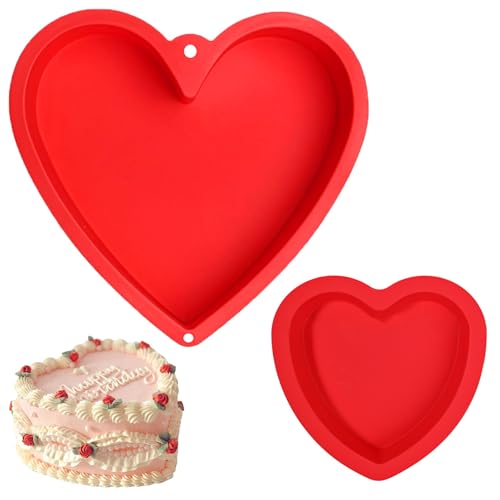 JJQHYC 2 Pack Heart Cake Tin Set, 8 Inch (25.4cm) Non-Stick Baking Tray for Valentine's, Wedding & Birthday Cakes - Oven Safe Silicone Mould (Red)