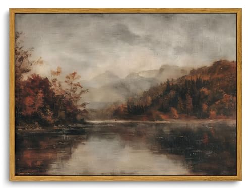 KISSFOX Vintage Framed Wall Art Decor Rustic Fall Landscape Pictures Wall Decor Moody Autumn Lake Scenery Canvas Art Prints Modern Farmhouse Paintings Artwork For Bedroom Kitchen Living Room