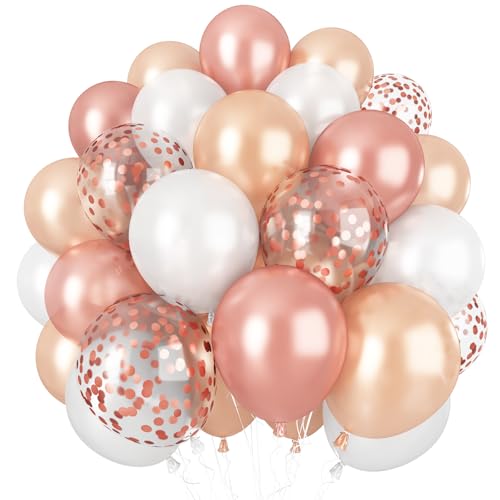 Image of Rose Gold Balloons, 60PCS 12inch Rose Gold White Champagne Latex Balloon Confetti Balloons with Ribbon for Wedding, Baby Shower, Birthday, Engagement, Bridal Shower, Princess Party