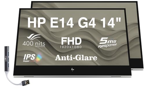 Image of HP E14 G4 14 inch FHD IPS Portable Monitor with 5ms Response Time, Anti-Glare, Flicker Free, 400 nits Brightness, USB-C & Dockztorm USB Port Expander, Silver Color (1B065AA#AC3) 2 Pack