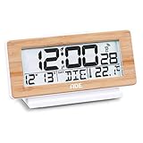ADE digitaler Funkwecker CK1940, weiße Tischuhr mit Gehäusefront aus echtem Bambus, LCD-Display mit Beleuchtung auf Knopfdruck, Snooze-Funktion, Thermometer Temperatur-Anzeige, Kalenderfunktion