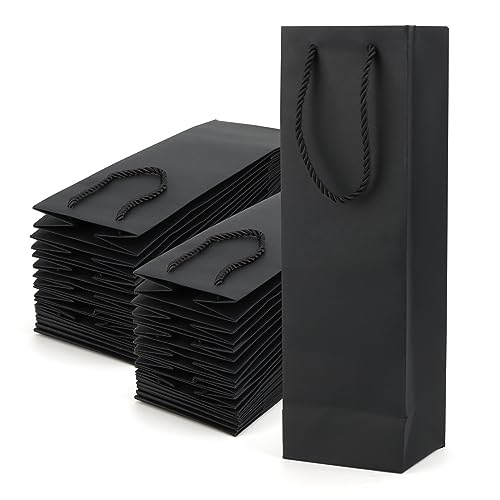 MANCHAP 24 Pcs 13.7 x 4.3 x 3.5 Inch Black Paper Wine Bottle Bags, Wine Bags with Handles, Single Bottle Paper Wine Bags for Wedding, Party, Shopping