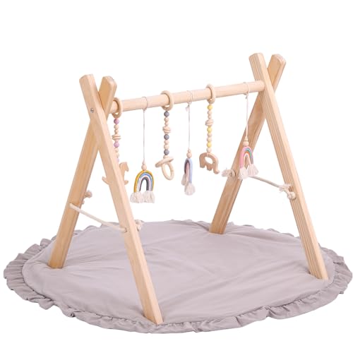 Image of Smilebaby Baby Play Gym with Mat, Baby Play Mat Activity Center Gym Wooden,Play Gym Toys for Hands-On and Visual Development, Cute Design with Mat