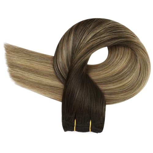 Image of Full Shine 24 Inch Machine Weft Hair Extensions 105G Brown Honey Blonde | Invisible Machine Tied Weft, Dark Brown To Honey Blonde Mix Ash Brown Balayage, Remy Human Hair, Hair Transformation
