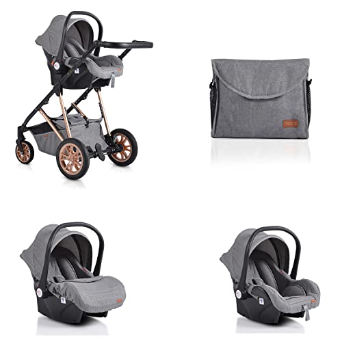 Moni Kombikinderwagen Midas 3 in 1 Autositz, Sportsitz, Babywanne, Wickeltasche, Farbe:grau
