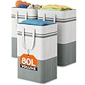 Lifewit 3 Pack 80L Large Freestanding Laundry Hamper, Collapsible Laundry Basket with Easy Carry Handles, Waterproof Tall Clothes Hamper for Laundry Dorm Bedroom Bathroom, Grey-White