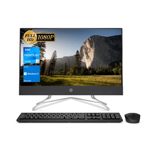 Image of HP All-in-One Desktop, 21.5 inch FHD Display, Intel Pentium Silver J5040, 8GB RAM, 512GB PCIe SSD, Webcam, HDMI, RJ45, Media Card Reader, Wi-Fi, Wireless KB & Mouse, Windows 11 Home, Black