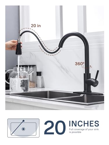 Image of WEWE Kitchen Sink Faucet, Pull Down Kitchen Faucet, Black and Chrome Kitchen Faucet with Sprayer Stainless Steel Single Handle one or Three Hole for Laundry bar Kitchen Sinks